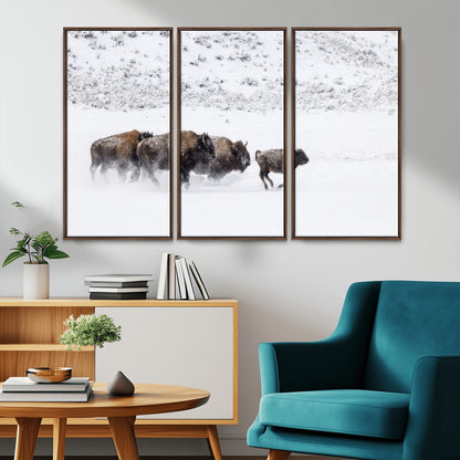 56216945-MGV-FC-48X32-3P_Walnut-Bison Herd Decor Wall Art Canvas Print, Framed Snowy Bison Scene Art Picture Print, Winter Wildlife Theme Perfect Rustic Western