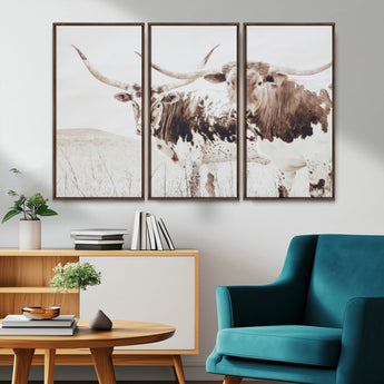 48161868-MGV-CV-36X24-Longhorn Cow Decor Wall Art Canvas Print, Framed Rustic Cattle Art Picture Print, Sepia Western Vibe Perfect Neutral Rustic