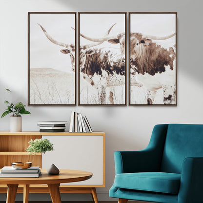 48161868-MGV-CV-36X24-Longhorn Cow Decor Wall Art Canvas Print, Framed Rustic Cattle Art Picture Print, Sepia Western Vibe Perfect Neutral Rustic