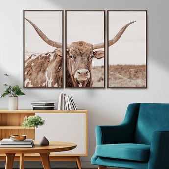 77810049-MGV-CV-36X24-Longhorn Bull Photo Wall Art Canvas Print, Framed Rustic Cow Decor Art Picture Print, Neutral Farmhouse Style Perfect Rustic