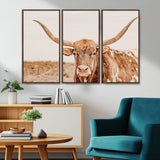 74406977-MGV-CV-36X24-Longhorn Bull Decor Wall Art Canvas Print, Framed Western Cow Theme Art Picture Print, Rustic Farmhouse Wall Perfect Neutral