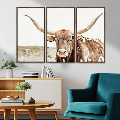 98924580-MGV-CV-36X24-Texas Longhorn Bull Wall Art Canvas Print, Framed Rustic Farmhouse Decor Art Picture Print, Western Animal Theme Perfect Rustic