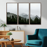 55968349-MGV-FC-48X32-3P_Walnut-Misty Mountains Wall Art Canvas Print, Framed Foggy Forest Art Picture Print, Snowy Peaks Perfect Moody Wilderness Decor Artwork