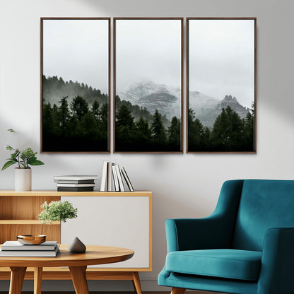 55968349-MGV-FC-48X32-3P_Walnut-Misty Mountains Wall Art Canvas Print, Framed Foggy Forest Art Picture Print, Snowy Peaks Perfect Moody Wilderness Decor Artwork