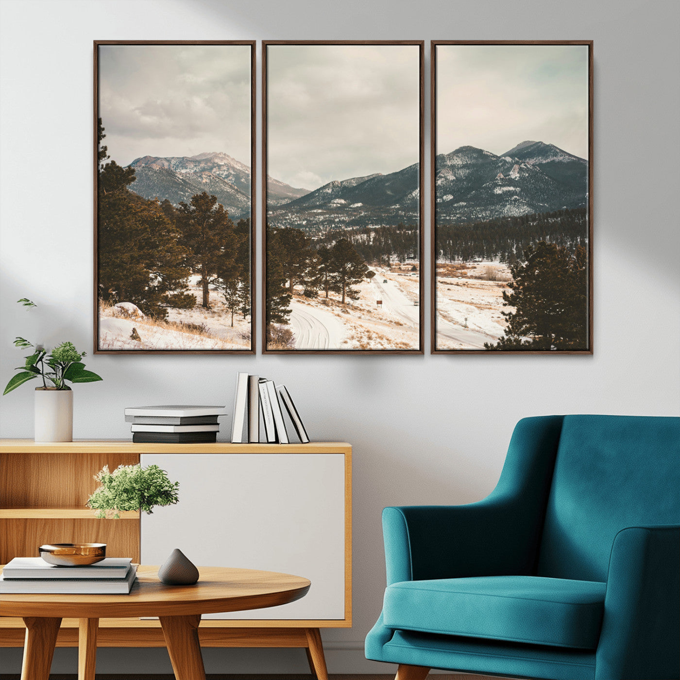 77311749-MGV-FC-48X32-3P_Walnut-Mountain Landscape Wall Art Canvas Print, Framed Snowy Peaks Art Picture Print, Alpine Aesthetic Perfect Rustic Winter Decor