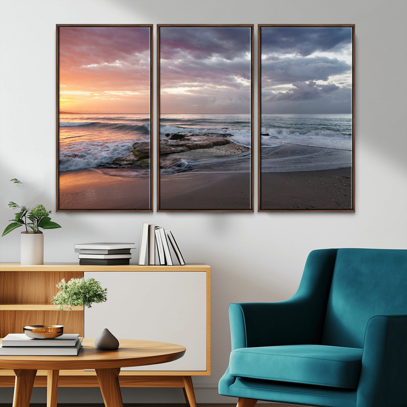 94208089-MGV-CV-36X24-Golden Hour Wall Art Canvas Print, Framed Tranquil Waves Art Picture Print, Beach Horizon Perfect Coastal Serenity Decor Artwork