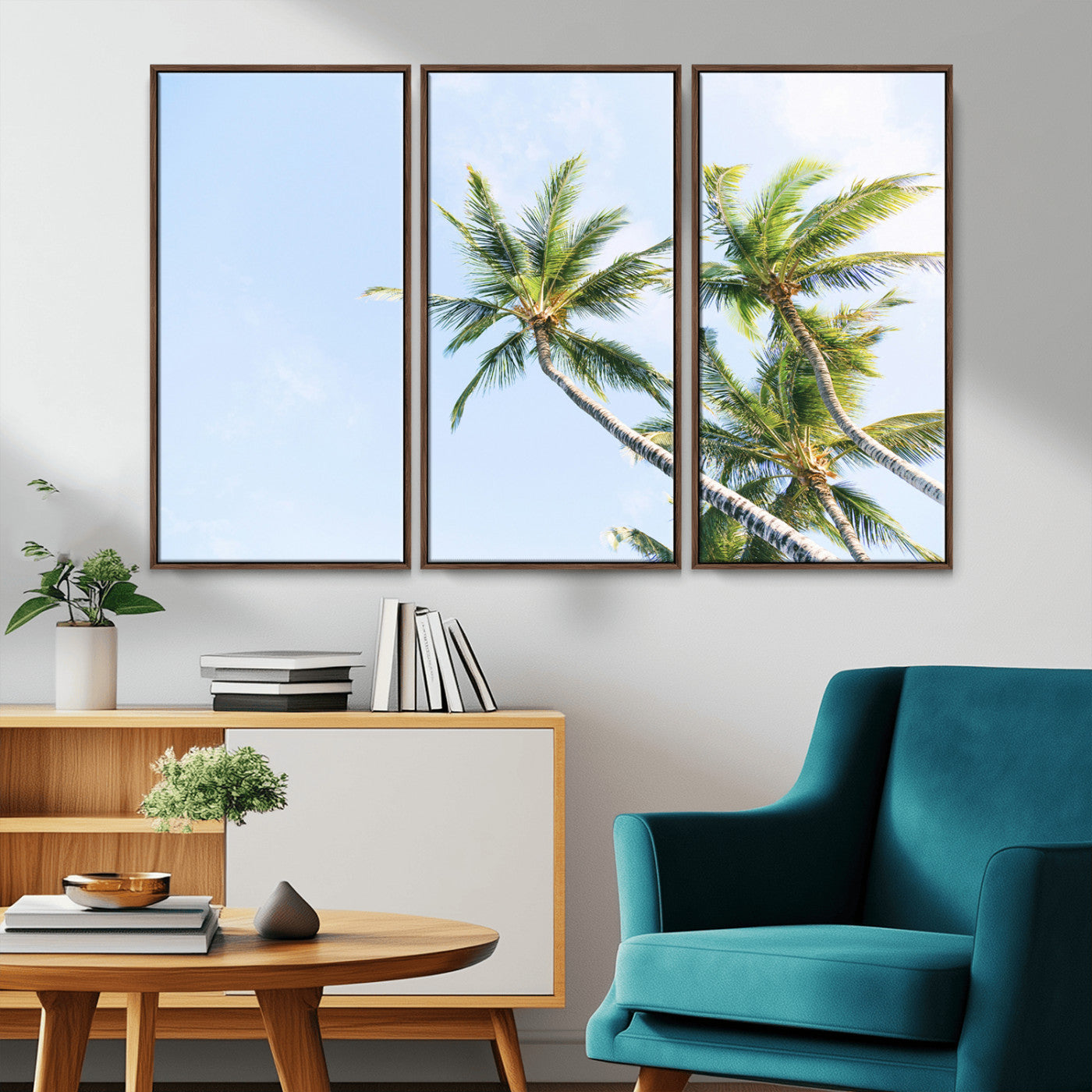 54719115-MGV-FC-48X32-3P_Walnut-Palm Trees Wall Art Canvas Print, Framed Tropical Aesthetic Art Picture Print, Coastal Serenity Perfect Tropical Minimalist Decor