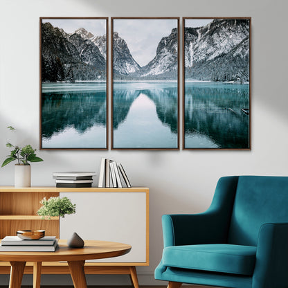 73098373-MGV-CV-36X24-Mountain Lake Wall Art Canvas Print, Framed Winter Wonderland Art Picture Print, Snowy Peaks Perfect Modern Nature Decor Artwork