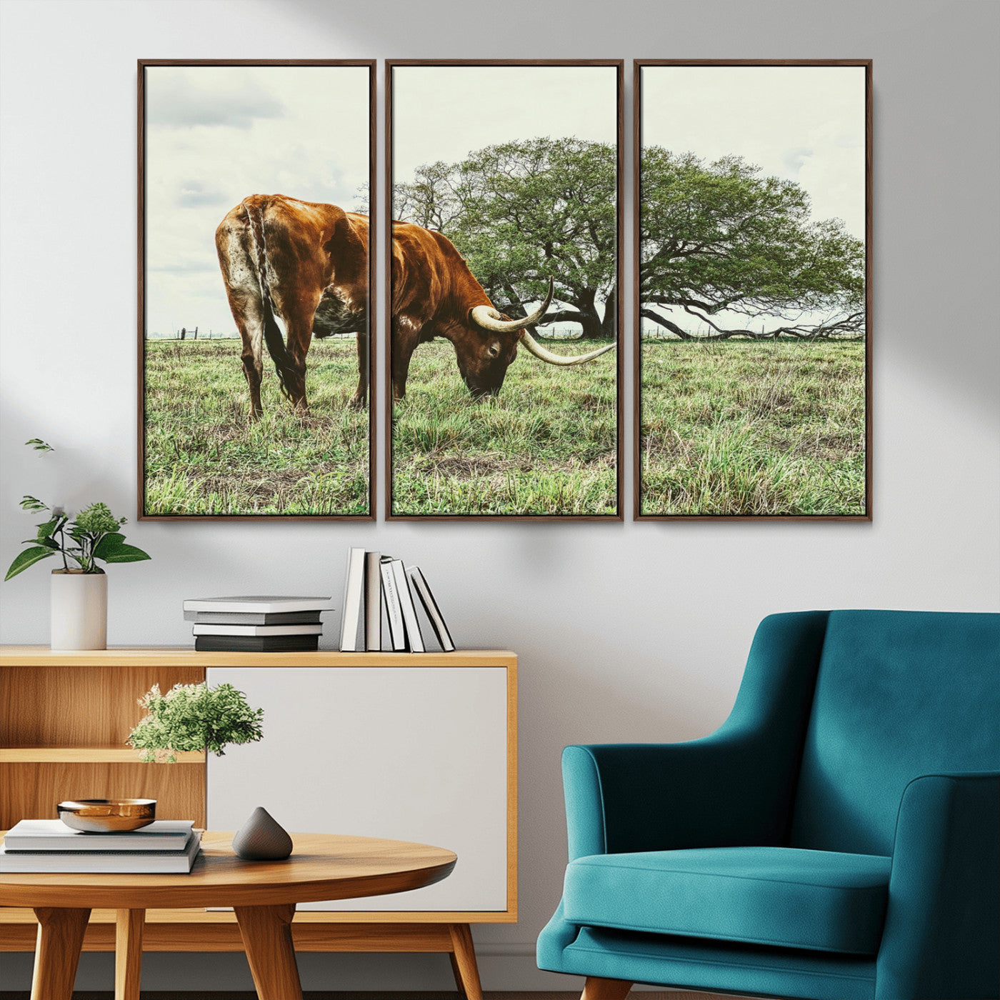 91866234-MGV-FC-48X32-3P_Walnut-Texas Longhorn Wall Art Canvas Print, Framed Rustic Ranch Art Picture Print, Western Cattle Perfect Rustic Farmhouse Decor Artwork