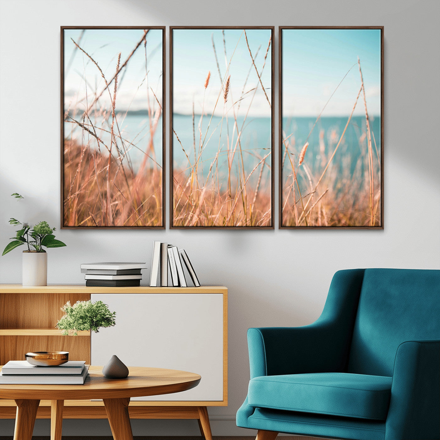 36108696-MGV-FC-48X32-3P_Walnut-Coastal Grass Wall Art – Serene Ocean View Canvas Print, Beach Nature Photography Decor for Living Room, Bedroom, Office or Modern