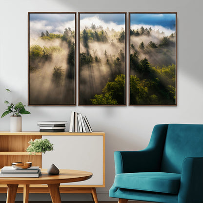 14785710-MGV-CV-36X24-Tranquil Forest Scene Wall Art Canvas Print, Framed Sunbeam Through Trees Art Picture Print, Moody Green Wall Art Perfect