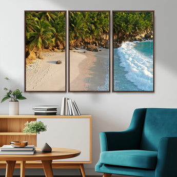 82312665-MGV-FC-48X32-3P_Walnut-Tropical Beach Wall Art Canvas Print, Framed Ocean Waves Art Picture Print, Palm Trees Perfect Coastal Minimalist Decor Artwork