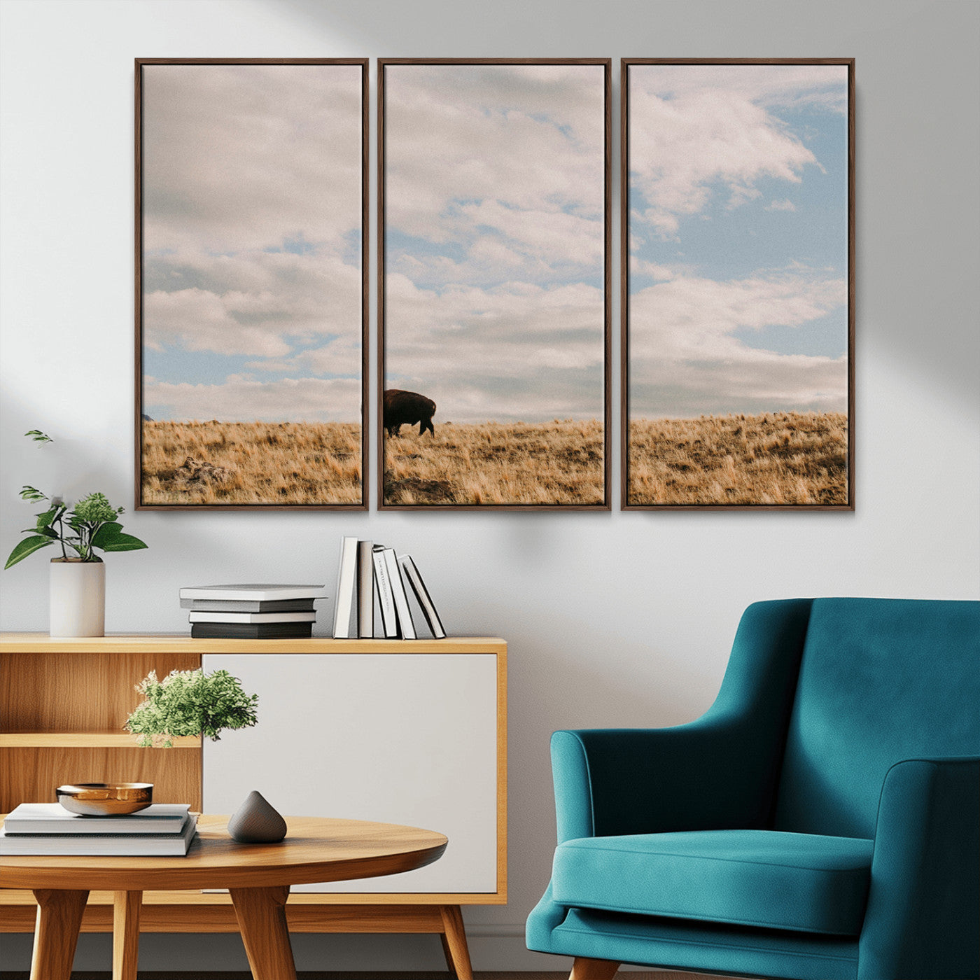 22754563-MGV-CV-36X24-Earthy Tones Wall Art Canvas Print, Framed Rustic Nature Art Picture Print, Solitary Buffalo Perfect Western Minimalist Decor