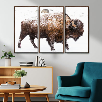 94261165-MGV-CV-36X24-Snowy Buffalo Wall Art Canvas Print, Framed Wildlife Photography Art Picture Print, Brown Tones Perfect Rustic Lodge Decor Decor
