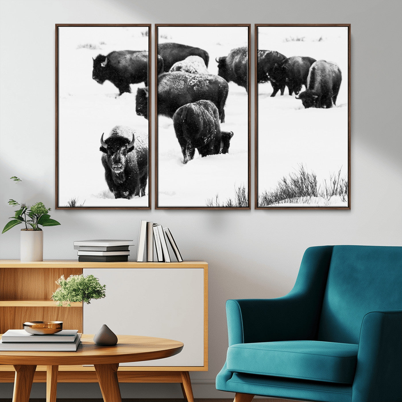 18914414-MGV-FC-48X32-3P_Walnut-Buffalo Herd Wall Art Canvas Print, Framed Black and White Art Picture Print, Snowy Landscape Perfect Rustic Lodge Decor Decor