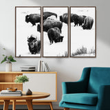 18914414-MGV-FC-48X32-3P_Walnut-Buffalo Herd Wall Art Canvas Print, Framed Black and White Art Picture Print, Snowy Landscape Perfect Rustic Lodge Decor Decor