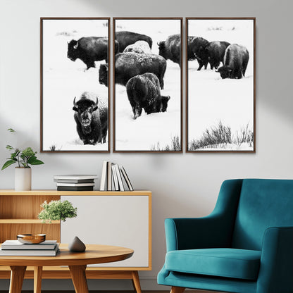 18914414-MGV-FC-48X32-3P_Walnut-Buffalo Herd Wall Art Canvas Print, Framed Black and White Art Picture Print, Snowy Landscape Perfect Rustic Lodge Decor Decor