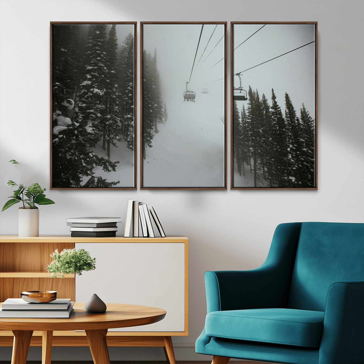 87018452-MGV-FC-48X32-3P_Walnut-Ski Lift Wall Art Canvas Print, Framed Snowy Pines Art Picture Print, Misty Landscape Perfect Winter Serenity Decor Artwork