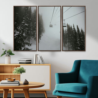 87018452-MGV-FC-48X32-3P_Walnut-Ski Lift Wall Art Canvas Print, Framed Snowy Pines Art Picture Print, Misty Landscape Perfect Winter Serenity Decor Artwork