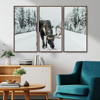 13316292-MGV-CV-36X24-Moose in Snow Wall Art Canvas Print, Framed Winter Wildlife Art Picture Print, Snowy Forest Scene Perfect Rustic Lodge Decor