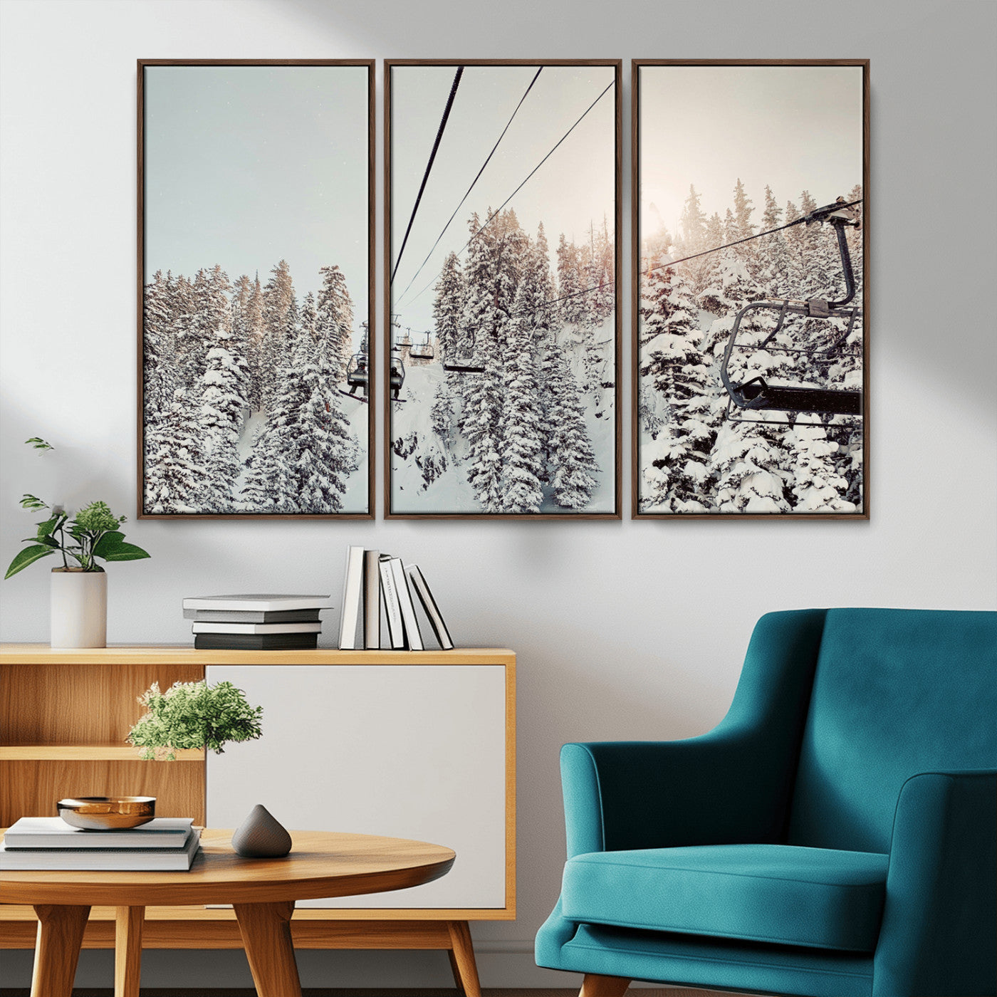 91534512-MGV-CV-36X24-Frosty Pines Wall Art Canvas Print, Framed Cozy Cabin View Art Picture Print, Ski Lift Ride Perfect Rustic Lodge Decor Artwork