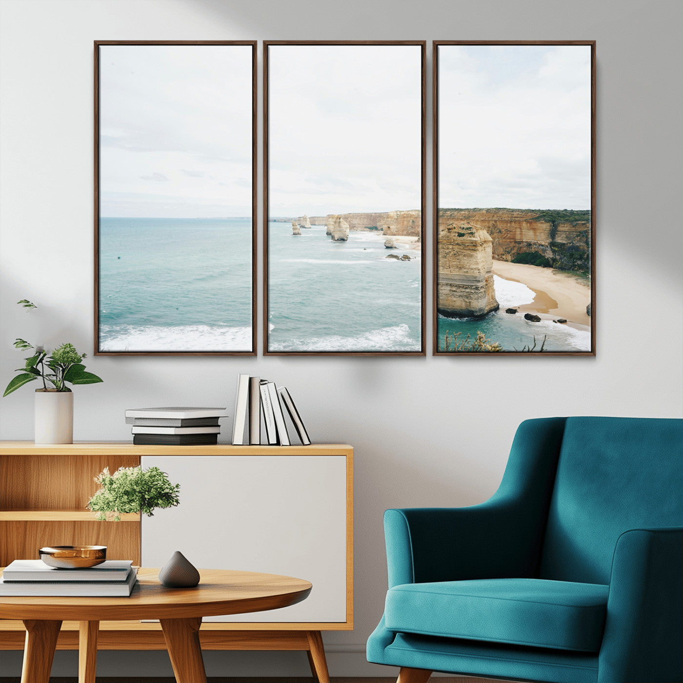 70095633-MGV-FC-48X32-3P_Walnut-Twelve Apostles Wall Art Canvas Print, Framed Coastal Cliffs Art Picture Print, Rugged Rock Formations Perfect Minimalist Coastal