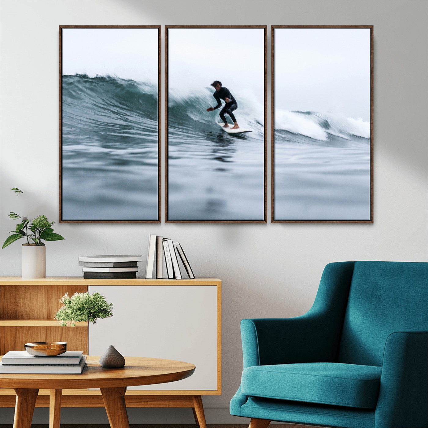 11693607-MGV-CV-36X24-Surfer on Wave Wall Art Canvas Print, Framed Ocean Adventure Art Picture Print, Motion Blur Water Perfect Coastal Adventure Decor