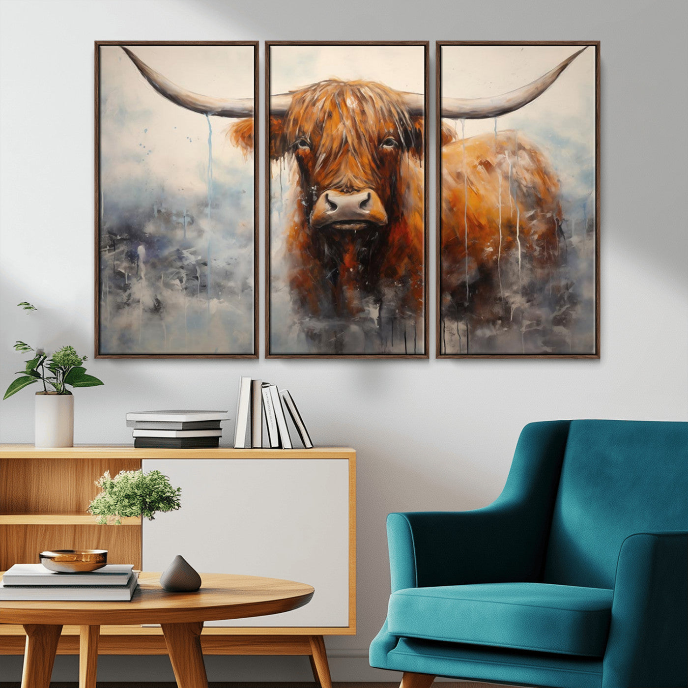 X61001-MGV-CV-36X24-Scottish Highland Wall Art Canvas Print, Framed Longhorn Art Picture Print, Western Cow Perfect Farmhouse Decor Artwork