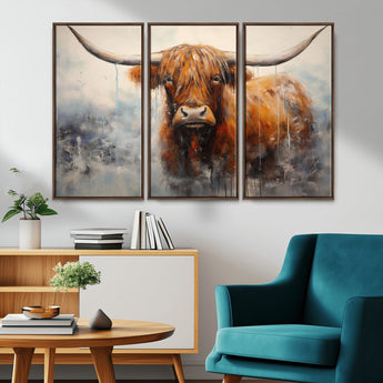 X61001-MGV-CV-36X24-Scottish Highland Wall Art Canvas Print, Framed Longhorn Art Picture Print, Western Cow Perfect Farmhouse Decor Artwork