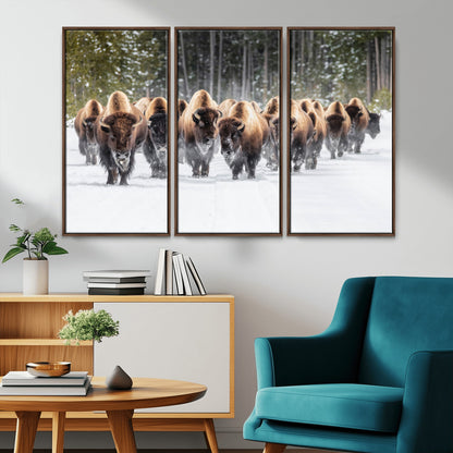 96906195-MGV-CV-36X24-Bison Herd Wall Art – American Buffalo Wildlife Photography Canvas Print, Winter Snow Scene Western Nature Decor for Living Room,