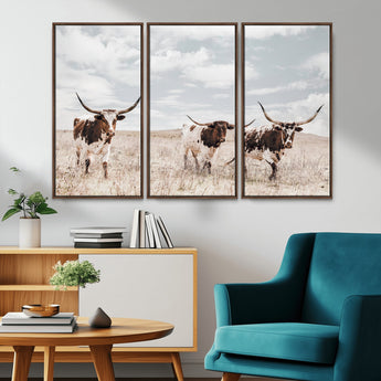 65621083-MGV-FC-48X32-3P_Walnut-Texas Longhorn Wall Art – Rustic Western Cattle Canvas Print, Southwestern Ranch Photography Decor for Living Room, Office,