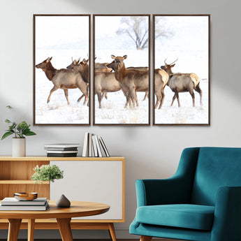 41416314-MGV-CV-36X24-Elk Wall Art – Wildlife Herd Canvas Print in Snowy Landscape, Rustic Nature Painting, Western Cabin Lodge Decor for Living Room,