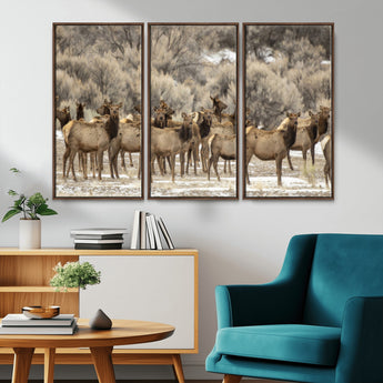 93076148-MGV-FC-48X32-3P_Walnut-Elk Herd Wall Art – Wildlife Canvas Print of Elk in Winter Landscape, Rustic Western Cabin & Lodge Décor, Nature Photography for