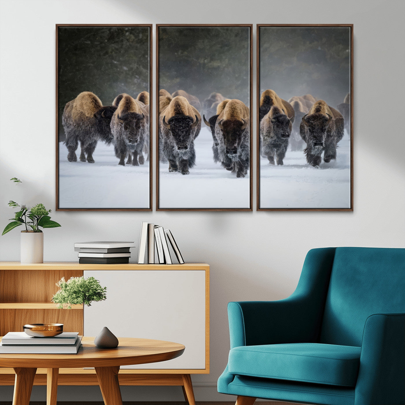 30332489-MGV-FC-48X32-3P_Walnut-Winter Bison Herd Wall Art – Powerful Buffalo Canvas Print, Rustic Wildlife Photography Decor for Farmhouse, Cabin, Lodge, Living