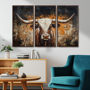 25265572-MGV-CV-36X24-Longhorn Bull Wall Art – Rustic Western Texas Steer Canvas Print, Textured Animal Painting for Home, Office, Man Cave or Farmhouse