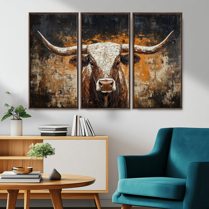 25265572-MGV-CV-36X24-Longhorn Bull Wall Art – Rustic Western Texas Steer Canvas Print, Textured Animal Painting for Home, Office, Man Cave or Farmhouse