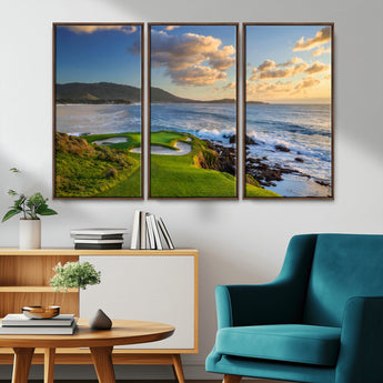 50107048-MGV-FC-48X32-3P_Walnut-Golf Course Wall Art – Coastal Ocean View Canvas Print, Scenic Fairway Landscape Decor for Office, Man Cave, Bedroom, or Living