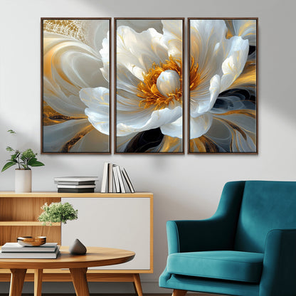 39604126-MGV-FC-48X32-3P_Walnut-Abstract Flower Wall Art – Elegant White and Gold Bloom Canvas Print, Modern Floral Artwork for Bedroom, Living Room, or Office