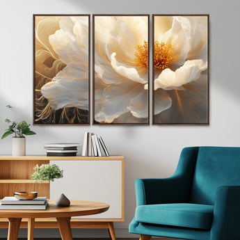 29539087-MGV-CV-36X24-Floral Wall Art – Elegant White and Gold Bloom Canvas Print, Romantic Modern Flower Artwork for Bedroom, Living Room, or Office