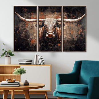24779067-MGV-CV-36X24-Longhorn Bull Wall Art – Western Rustic Canvas Print, Bold Cowboy Cattle Painting for Ranch House, Farmhouse, Office, or Living