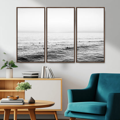 47208268-MGV-FC-48X32-3P_Walnut-Surfer Ocean Wall Art – Black and White Coastal Canvas Print, Minimalist Surfing Seascape Decor for Living Room, Bedroom, or Beach