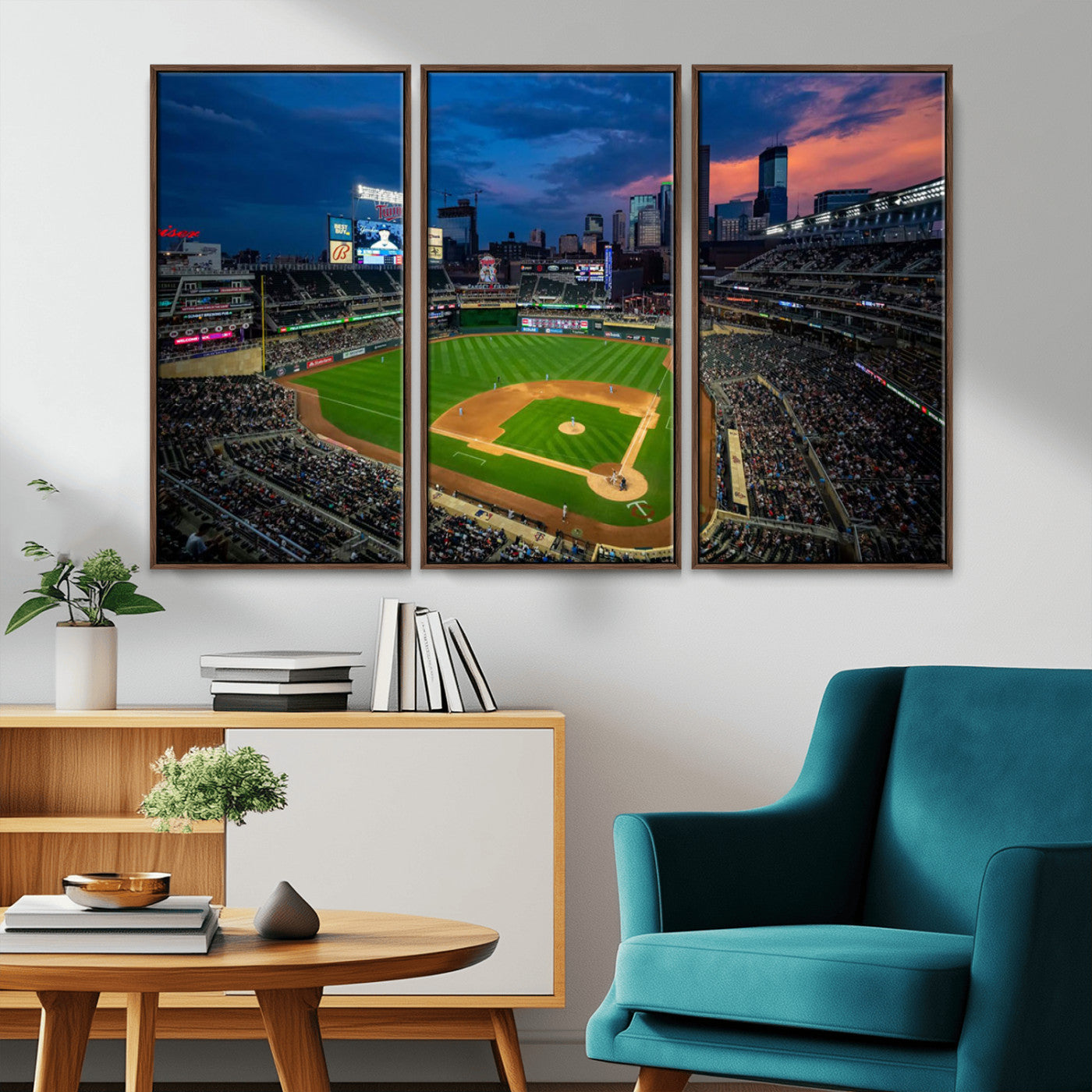 68222753-MGV-FC-48X32-3P_Walnut-Baseball Stadium Wall Art – Panoramic Night Game Canvas Print, Sports Decor for Man Cave, Office, Bar, or Living Room