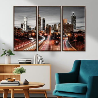 59097239-MGV-CV-36X24-City Skyline Wall Art – Modern Black and White Night Canvas Print with Red Light Trails, Urban Landscape Decor for Living Room or