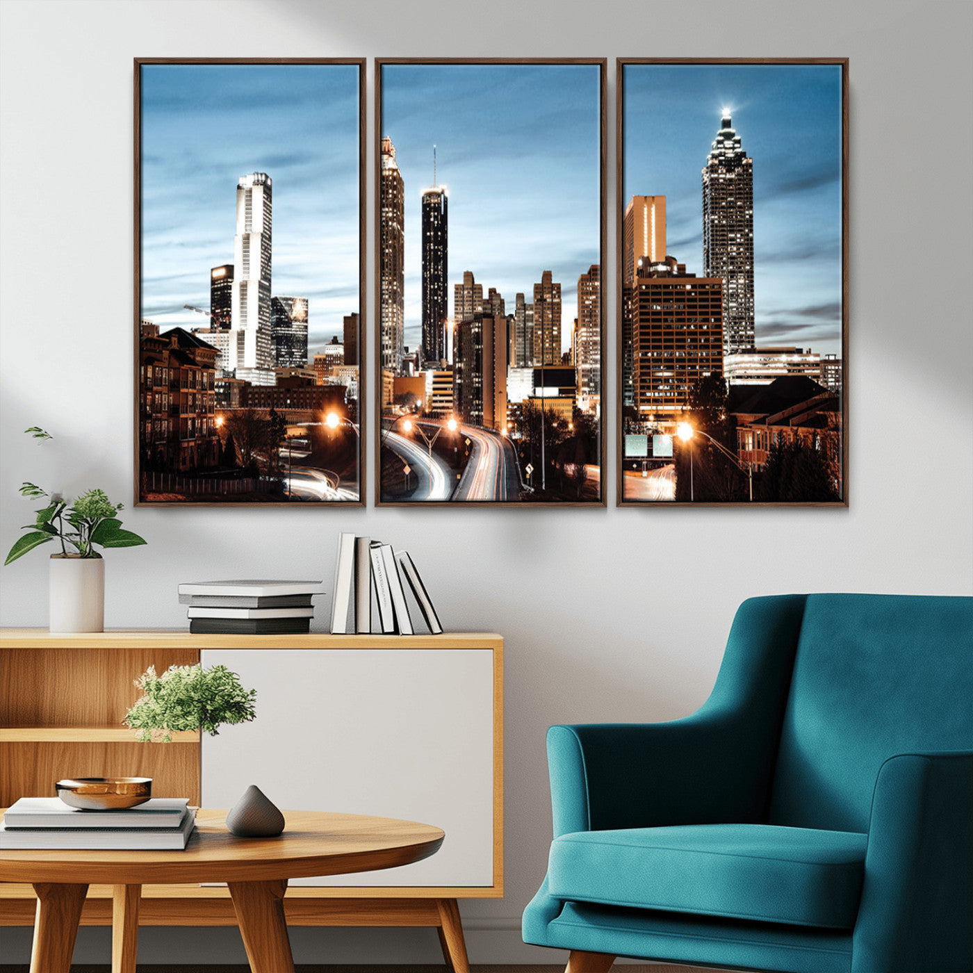 23859158-MGV-CV-36X24-Atlanta Skyline Wall Art – Modern Cityscape Canvas Print with Night Lights and Traffic Trails, Urban Decor for Office, Apartment,