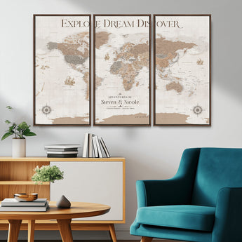 63516865-MGV-CV-36X24-Explore Dream Discover World Map Wall Art – Inspirational Travel Adventure Canvas Print, Neutral Parchment Style Explorer Decor