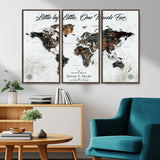 88337180-MGV-CV-36X24-Little by Little One Travels Far Tolkien Quote World Map Rustic Black Brown Adventure Wall Art Canvas Print for Home Office Living