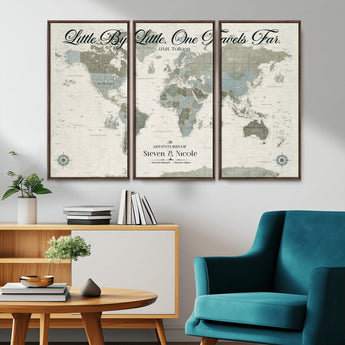 10693204-MGV-FC-48X32-3P_Walnut-Little By Little One Travels Far Tolkien Quote Blue Green World Map Adventure Wall Art Canvas Print Rustic Wanderlust Travel Decor