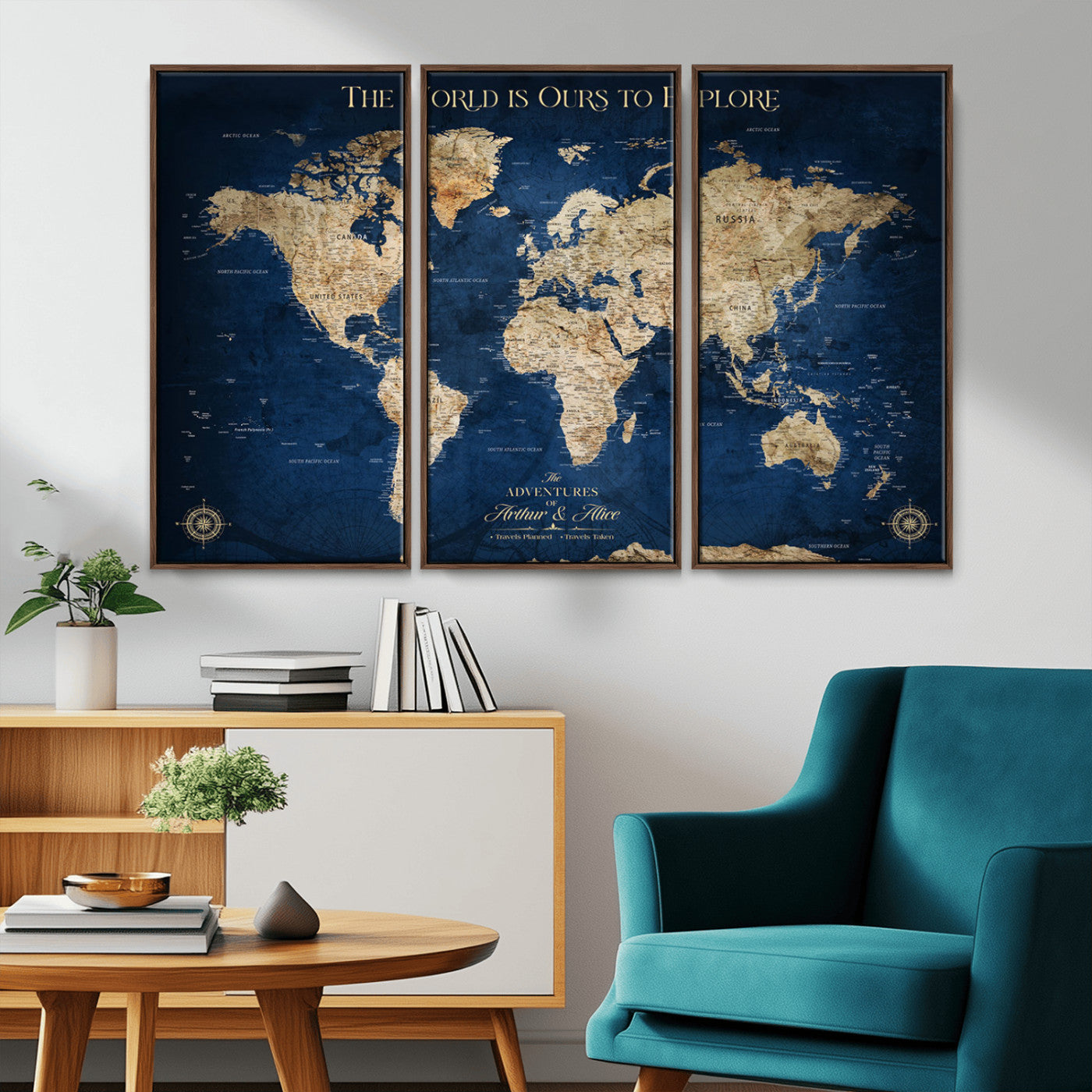 54782997-MGV-CV-36X24-The World is Ours to Explore Wall Art – Blue World Map Canvas Print, Adventure Travel Decor for Home, Office or Living Room,
