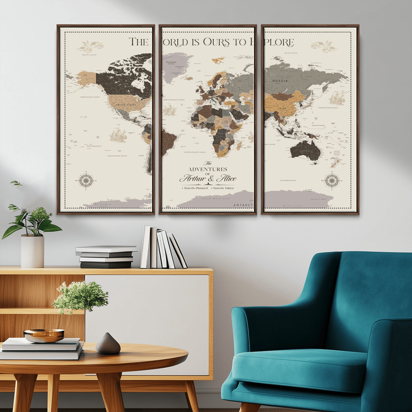 90024882-MGV-CV-36X24-The World is Ours to Explore Wall Art – Earth Tone World Map Canvas Print, Adventure Travel Decor for Living Room, Office or