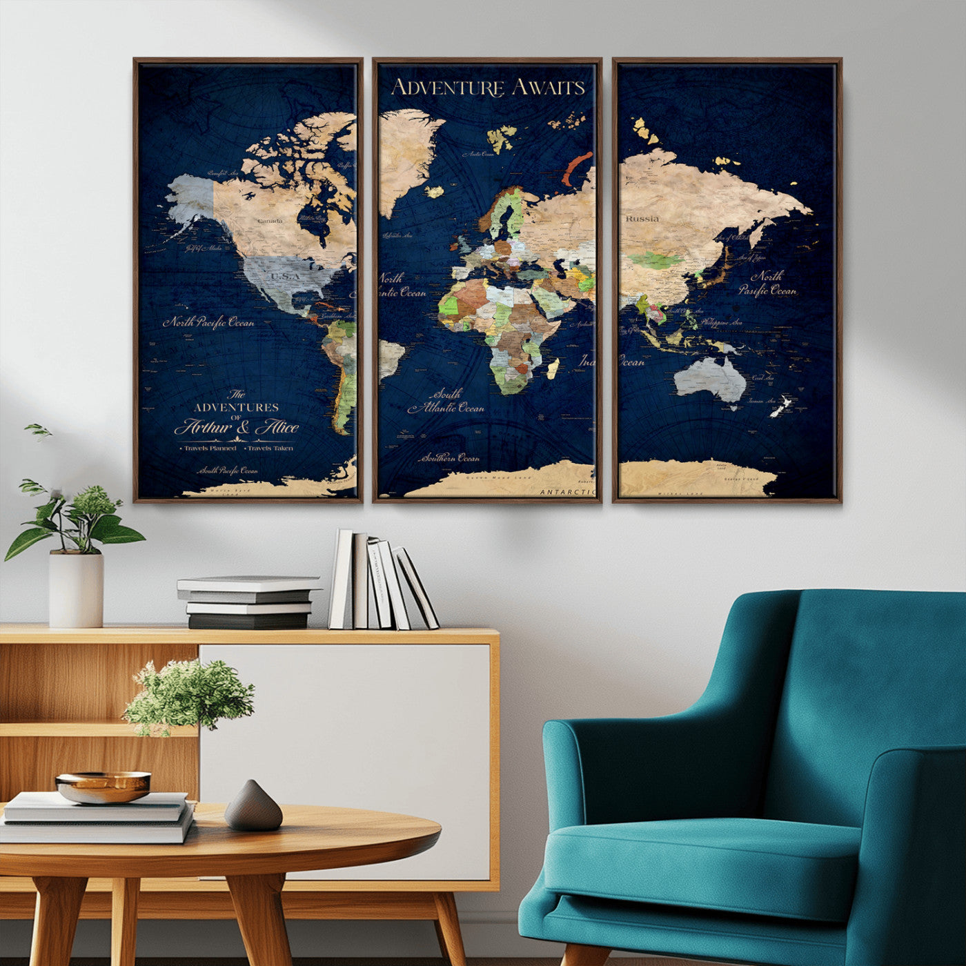 43160428-MGV-CV-36X24-Adventure Awaits Navy Blue World Map – Vibrant Travel Canvas Wall Art, Antique Atlas Print, Wanderlust Decor for Home Office